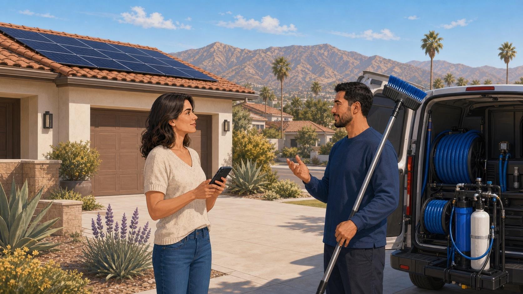 A homeowner discussing a solar panel cleaning quote with a local professional beside their equipment